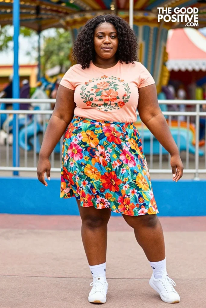 Peach Graphic Tee, Floral Midi Skirt, And Sneakers