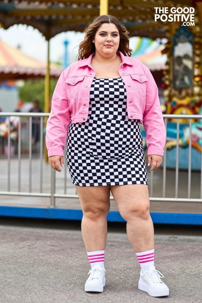 Pink Denim Jacket, Checkerboard Dress, And Platform Sneakers