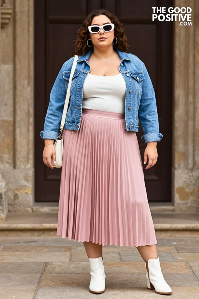 Pink Midi Skirt With Denim Jacket And White Ankle Boots