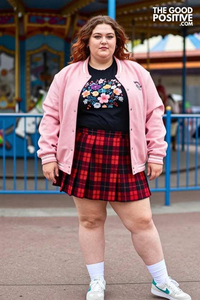 Pink Varsity Jacket, Plaid Skort, And Graphic Tee