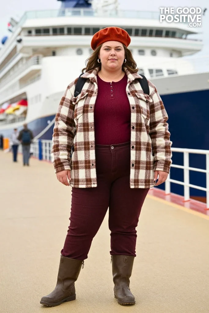 Plaid Shacket, Burgundy Henley, And Ecru Denim