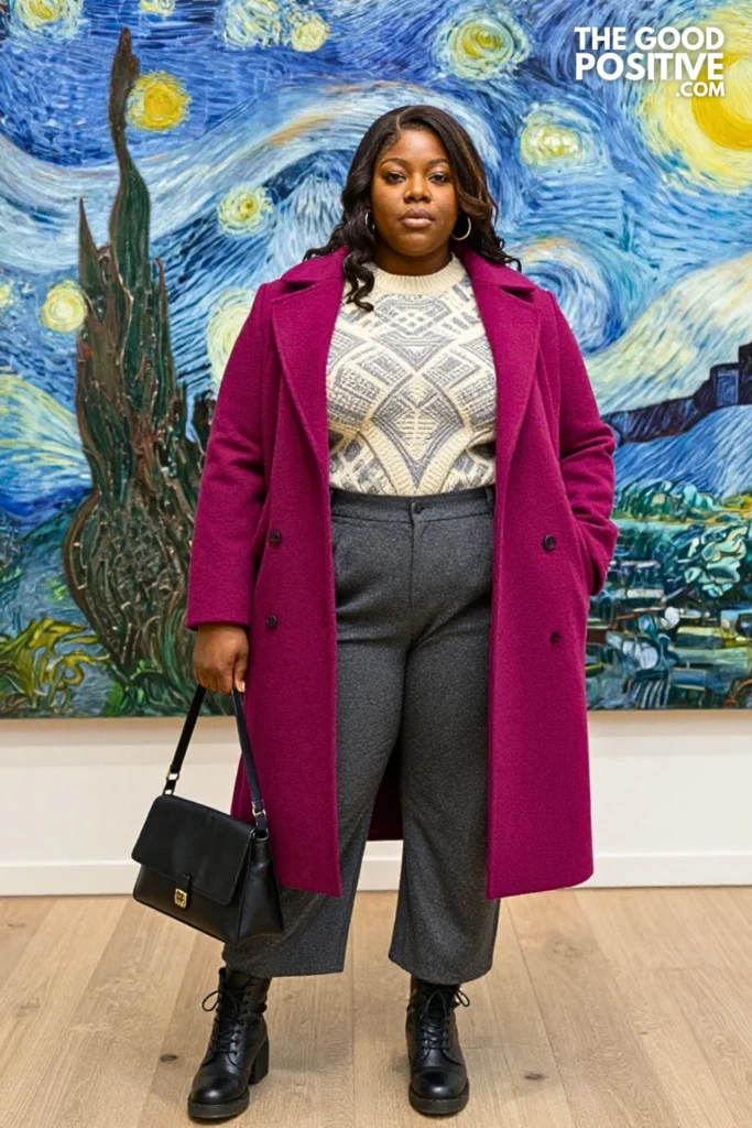Plum Coat, Geometric Knit, and Gray Trousers