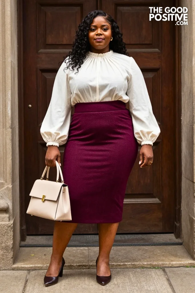 Plum Herringbone Skirt With Ruffle-Cuff Top