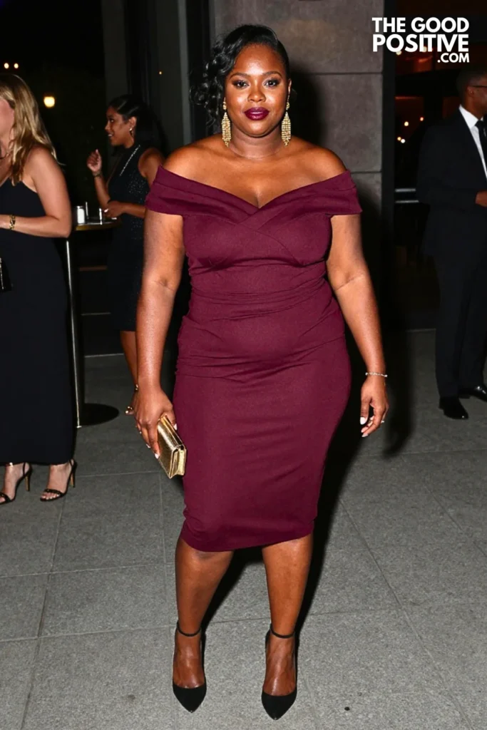 Plum Off-Shoulder Midi Dress With Gold Details