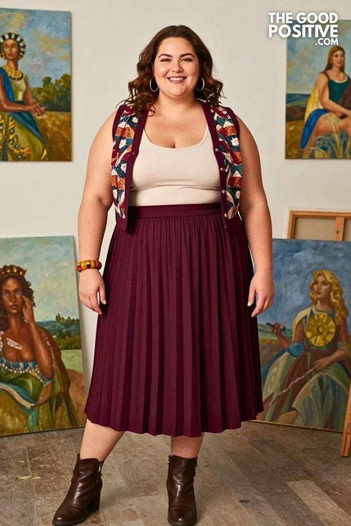 Plum Pleated Skirt With Block-Print Vest