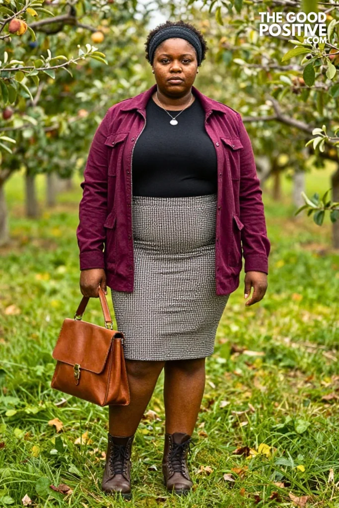 Plum Shirt Jacket, Micro-Check Skirt & Espresso Boots