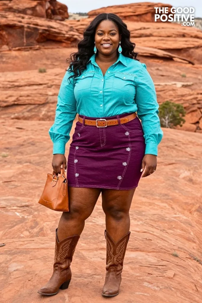 Plum Western Midi Skirt With Turquoise Blouse