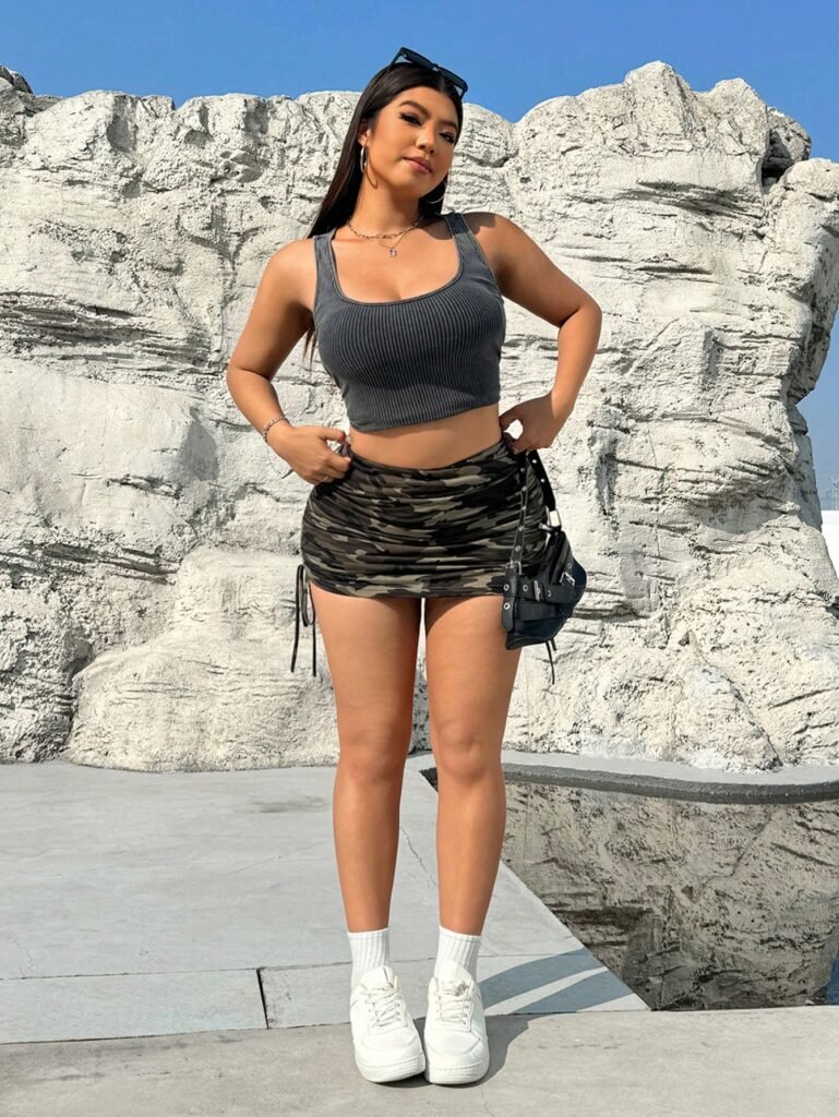 Plus Size Camo Side Drawstring Bodycon Skirt