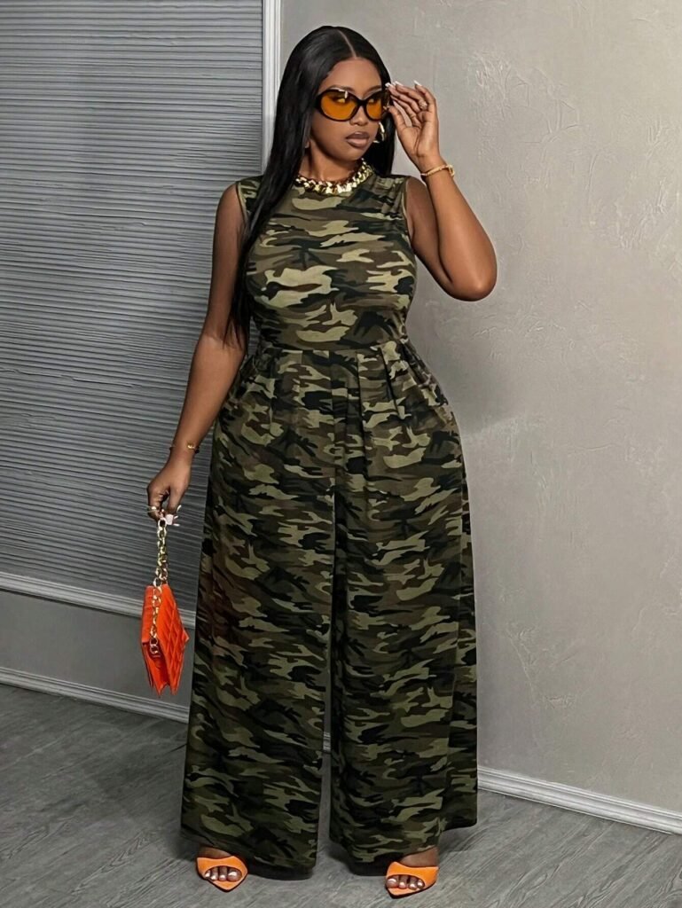 Plus Size Camouflage Knit Wide Leg Jumpsuit