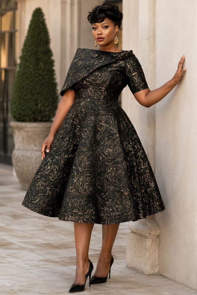 Plus Size Churchs Black Asymmetrical Collar Short Sleeve Pocket Midi Dress