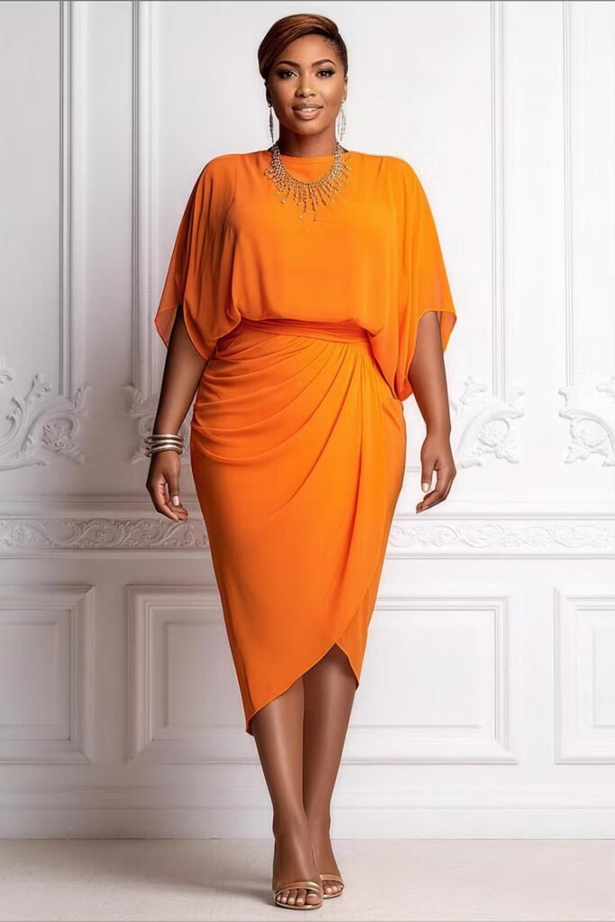 Plus Size Cocktail Party Orange Round Neck Short Sleeve Fold Chiffon Midi Dress