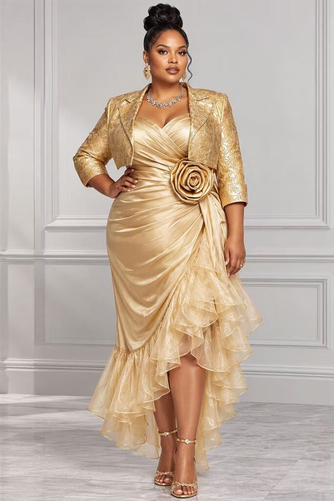 Plus Size Cocktail Party Organza Champagne Turndown Collar 3:4 Sleeve Ruffle Asymmetric Hem Irregular Hem Satin Two Piece Dress Set