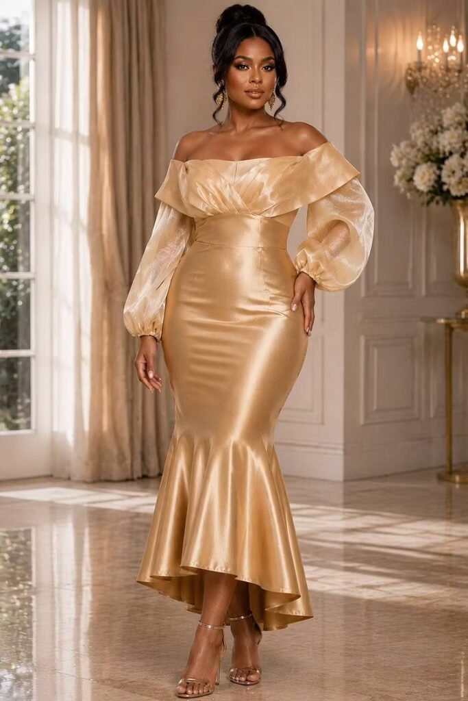 Plus Size Cocktail Party Satin Gold Off The Shoulder Lantern Sleeve Long Sleeve Bodycon Mermaid Organza Midi Dress
