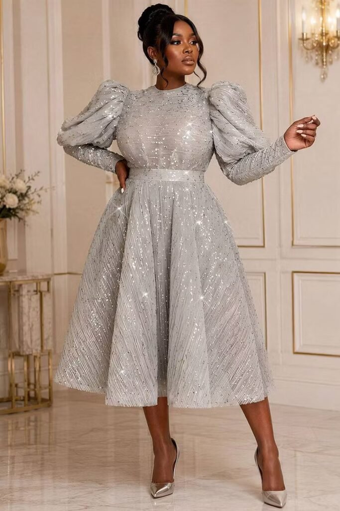 Plus Size Cocktail Party Silver Round Neck Puff Sleeve Long Sleeve Sequin Midi Dress