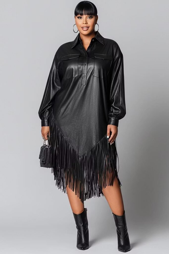 Plus Size Festival Black Shirt Collar Long Sleeve Strappy Elegant PU Leather Midi Dress