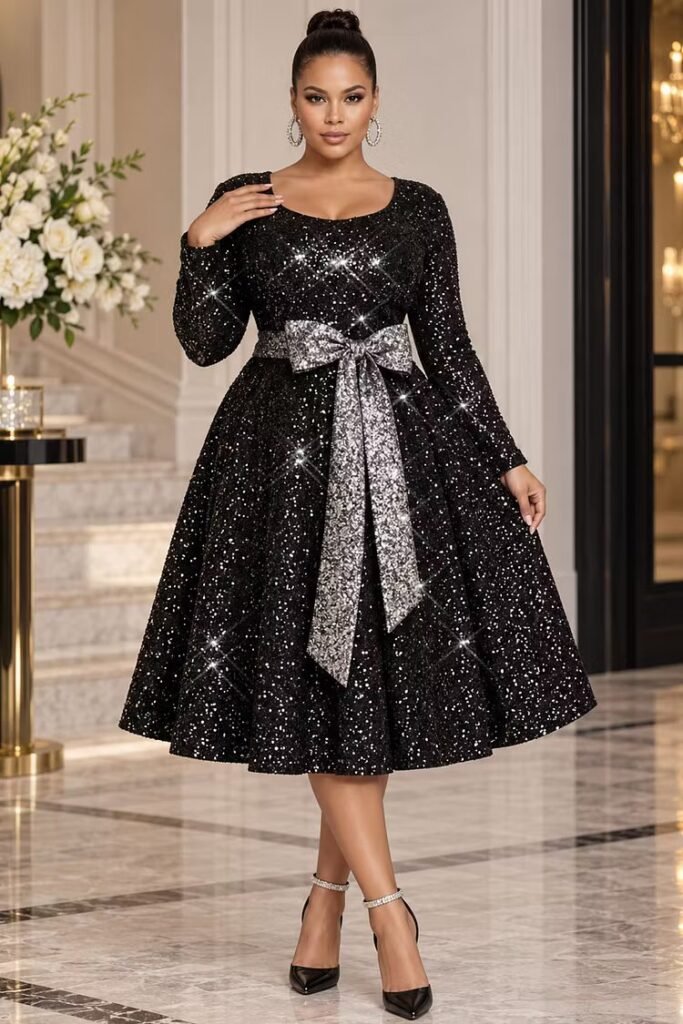 Plus Size Formal Black Round Neck Long Sleeve Wrap Pocket Sequin Midi Dress