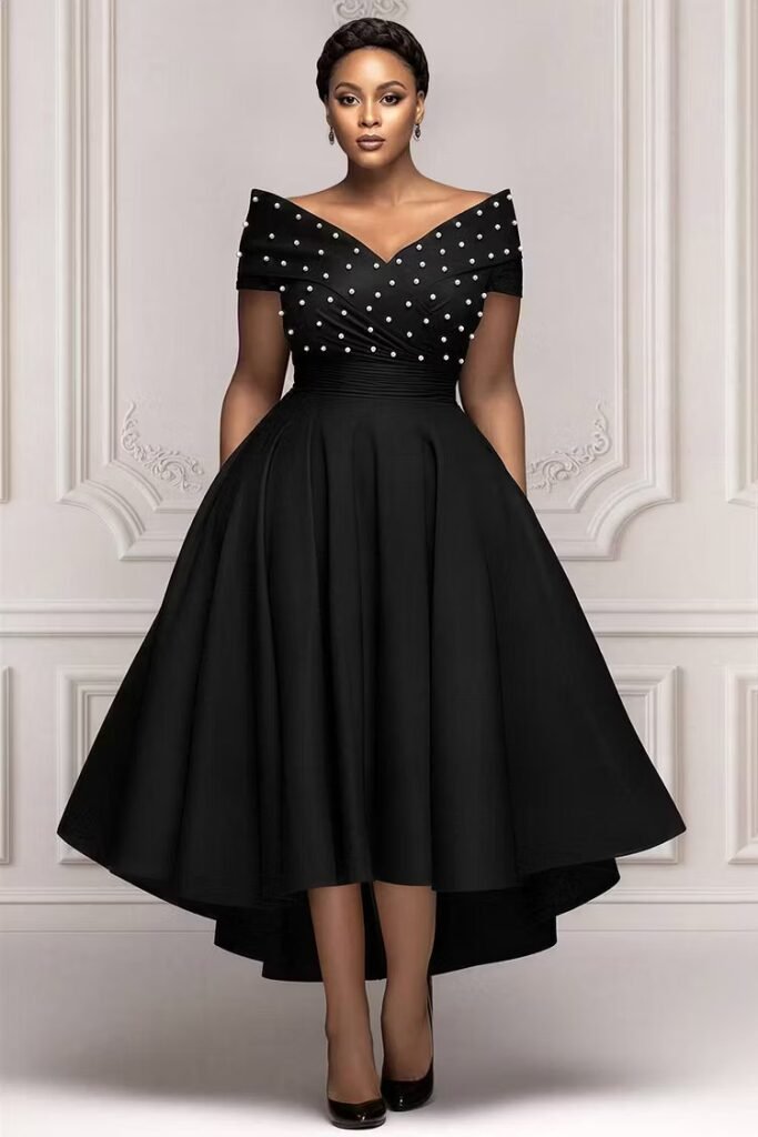 Plus Size Formal Black Wrap Neck Short Sleeve Asymmetric Hem Irregular Hem Pearls Satin Midi Dress