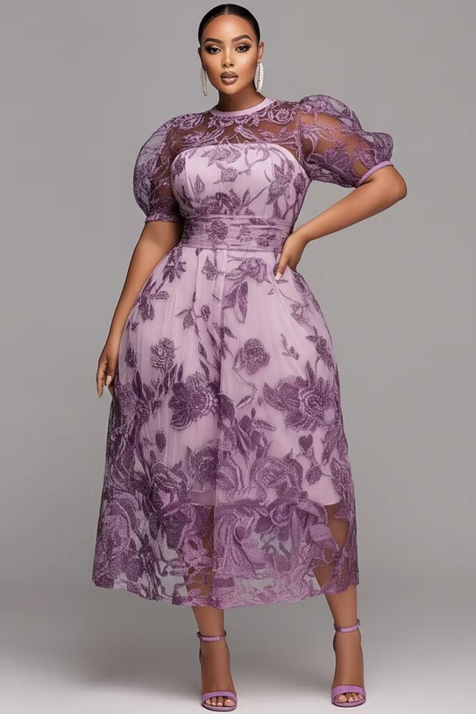 Plus Size Mother Of The Bride Purple Round Neck Puff Sleeve Short Sleeve See Through Lace Midi Dress