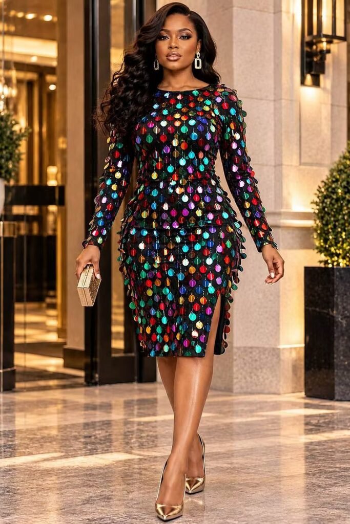 Plus Size Party Multicolor Round Neck Long Sleeve Bodycon Split Sequin Mini Dress