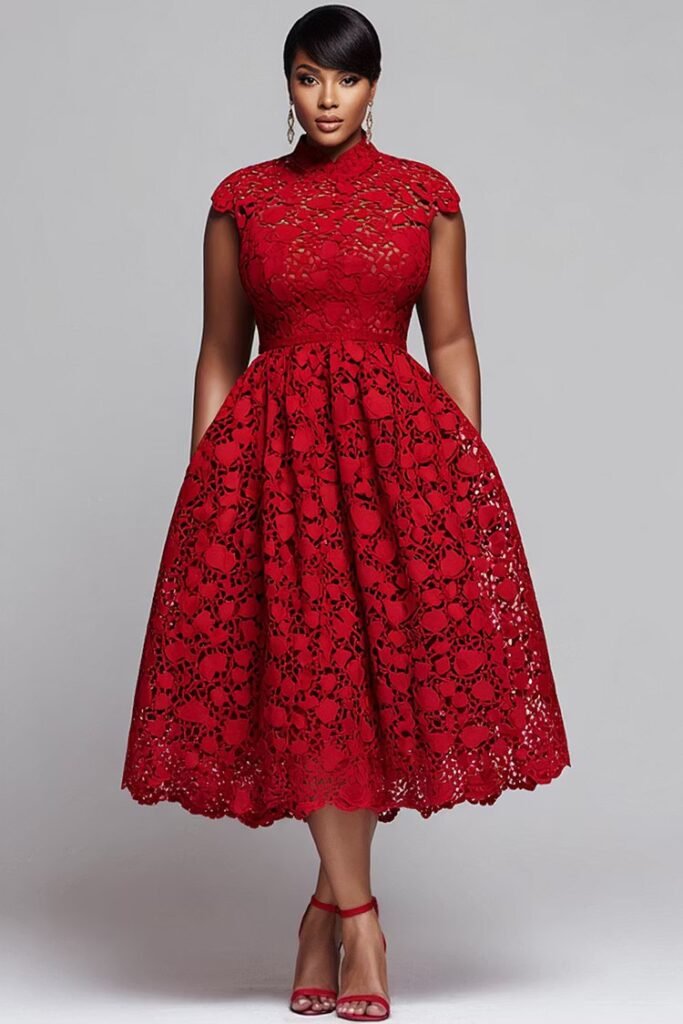 Plus Size Red Round Neck Pocket Elegant Cut Out Lace Midi Dress