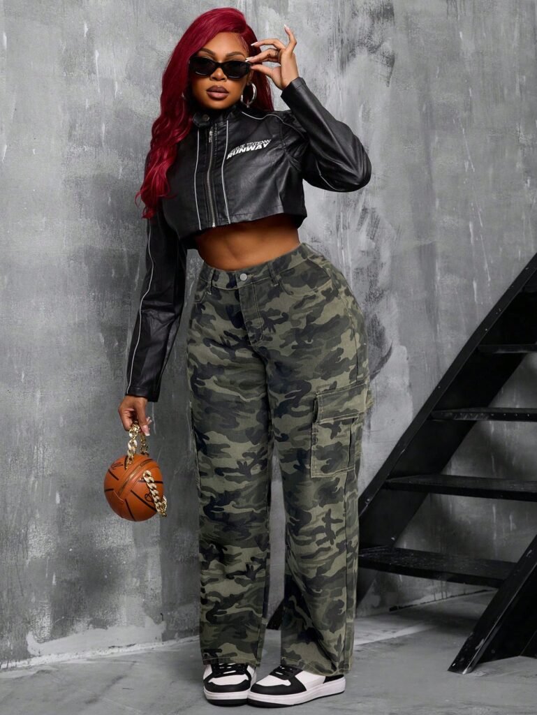 Plus Size Stretch Denim Camouflage Print Cargo Straight Leg Pants