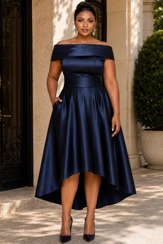 Plus Size Wedding Guest Elegant Navy Blue Off The Shoulder Short Sleeve Asymmetric Hem Pocket Satin Midi Dress