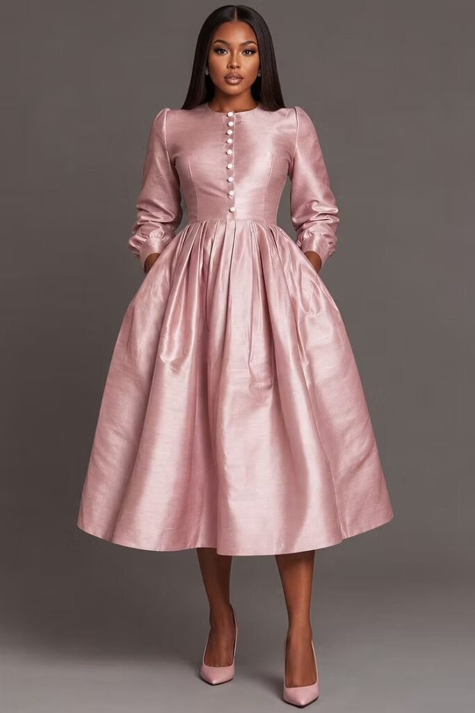 Plus Size Wedding Guest Pink Round Neck 3:4 Sleeve Pocket Satin Midi Dress
