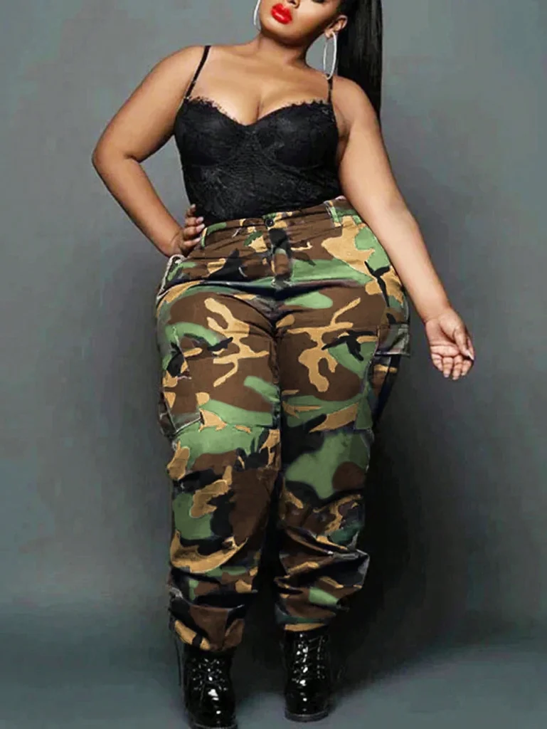 Plus Size Women Casual Camouflage Pocket Cargo Pants