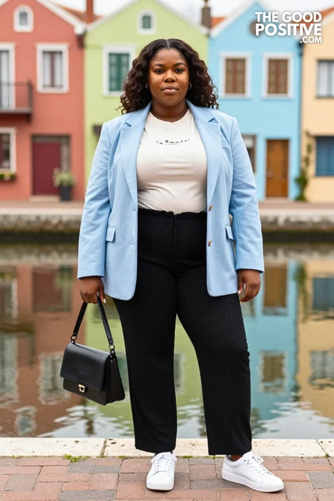 Powder Blue Blazer, Printed Tee, and Black Trousers