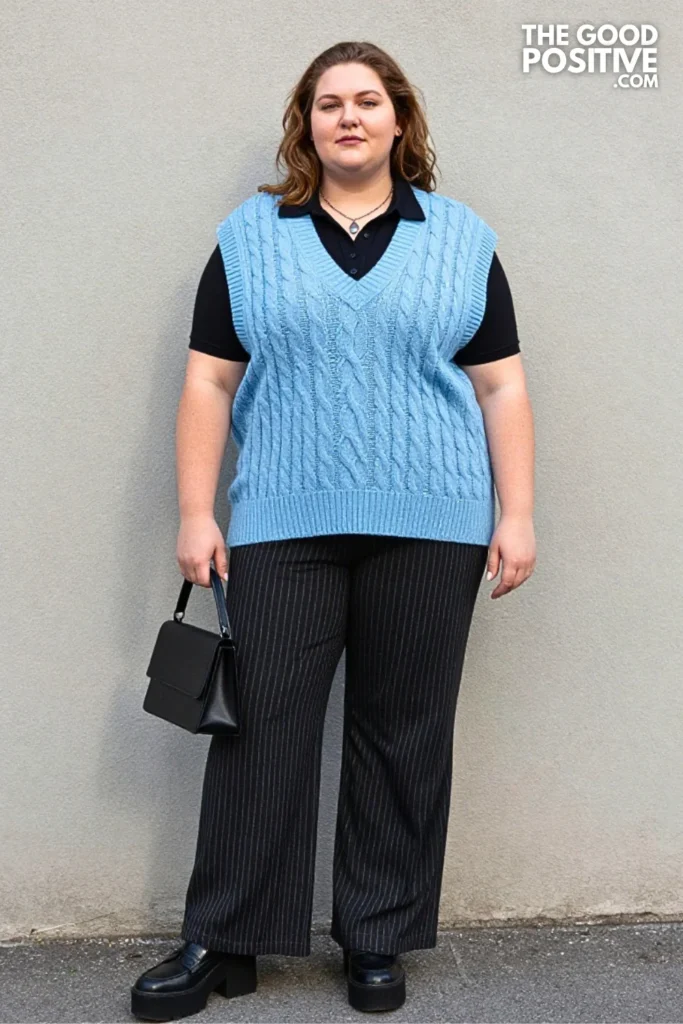 Powder Blue Sweater Vest, Black Shirt, and Pinstripe Pants
