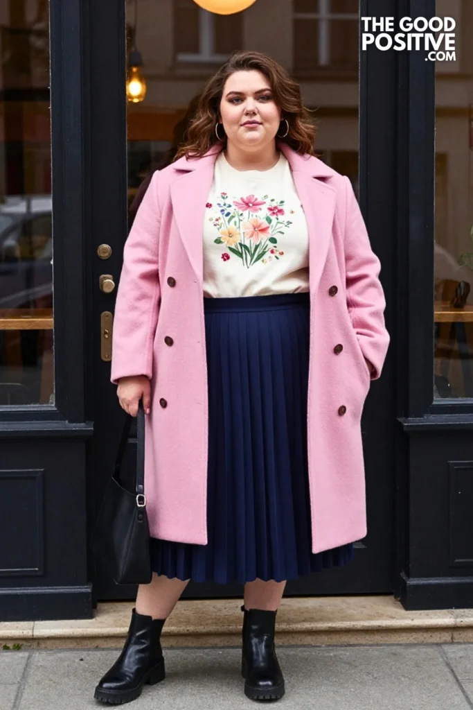 Powder Pink Coat, Graphic Sweater, and Navy Skirt