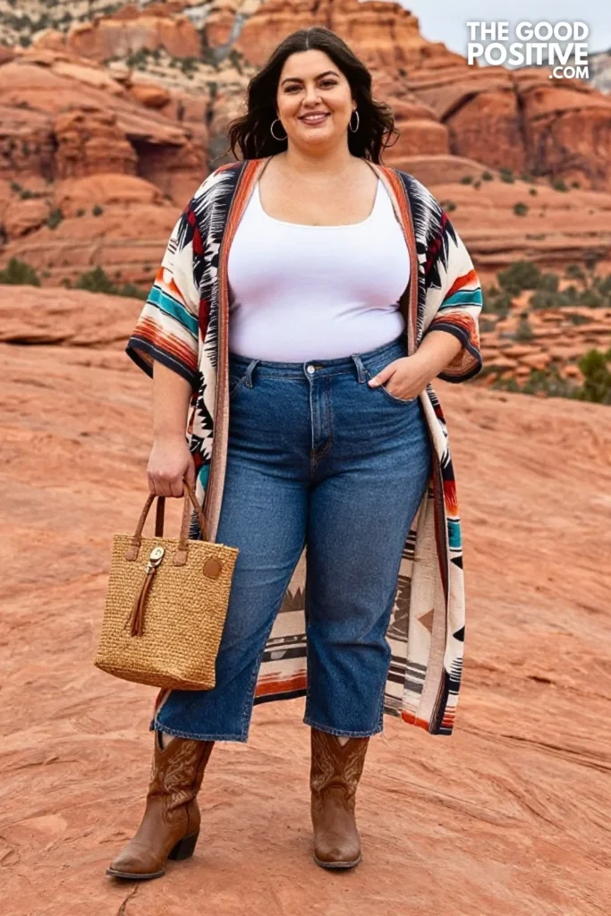 Printed Kimono With Cropped Wide-Leg Jeans