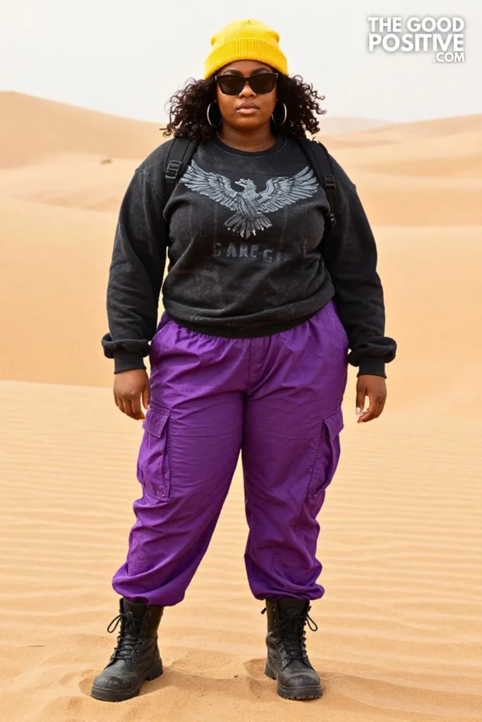 Purple Cargo Trousers, Graphic Sweatshirt, and Yellow Beanie