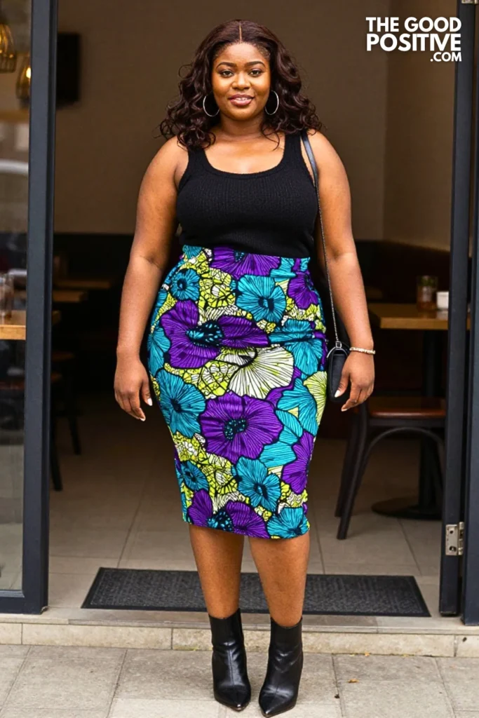 Purple and Turquoise Ankara Floral Midi Skirt