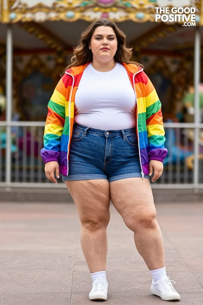 Rainbow Windbreaker, Cobalt Shorts, And White Tee