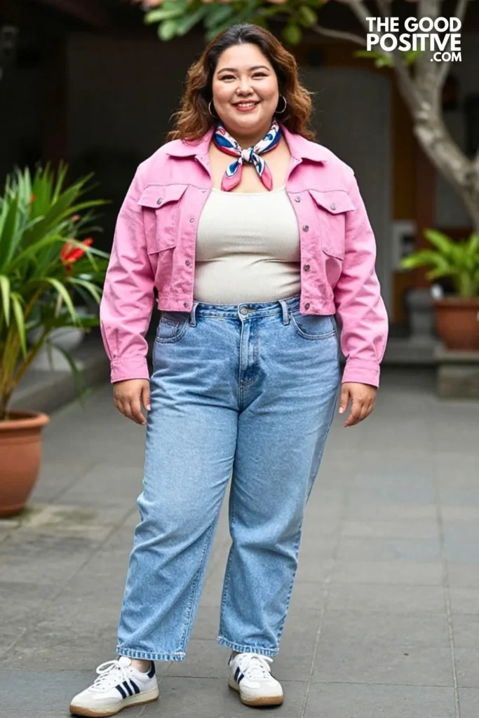 Raspberry Jacket With Baggy Denim And Silk Scarf
