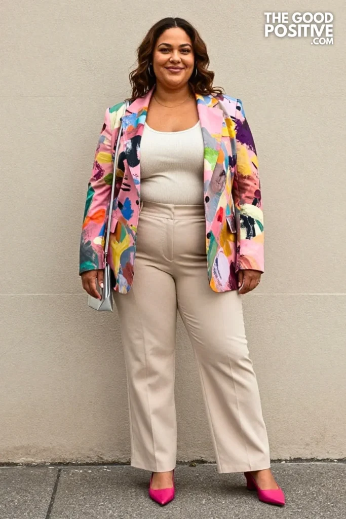 Raspberry Painterly Blazer With Ivory Column