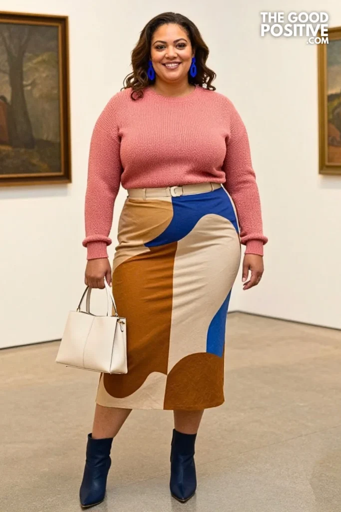 Raspberry Sweater With Abstract Painted Midi Skirt