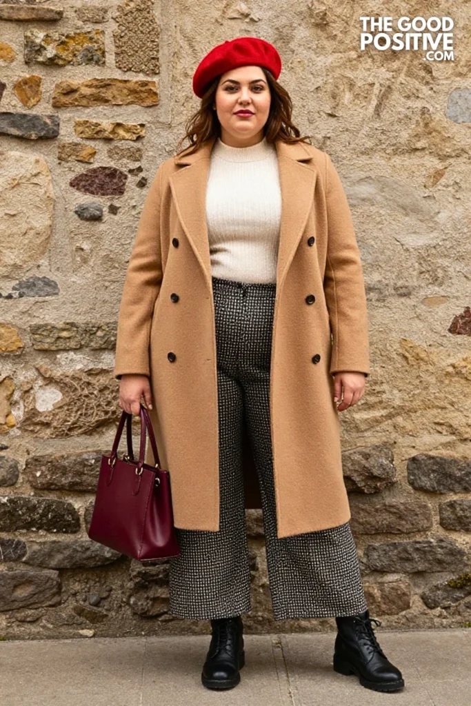 Red Beret, Camel Coat, and Patterned Wide-Leg Pants