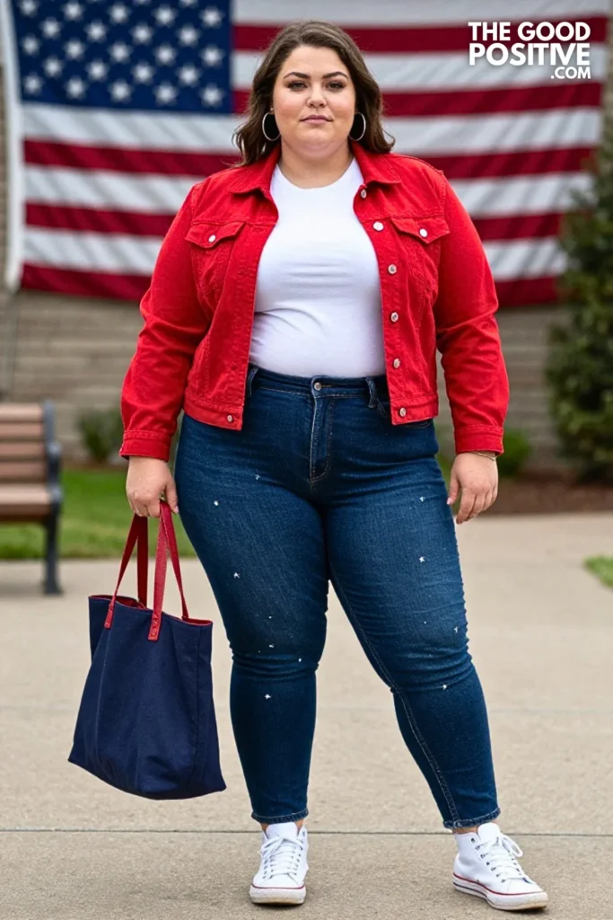 Red Denim Jacket With Navy Starry Jeans
