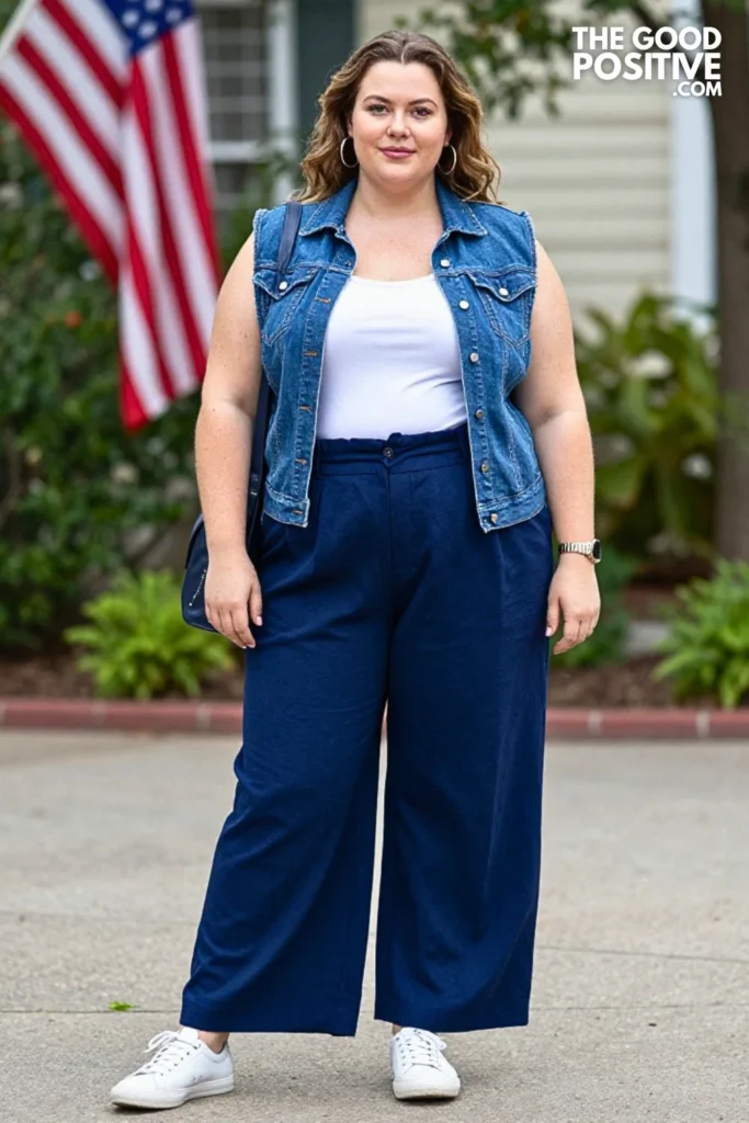 Red Denim Overshirt With Blue Pleated Pants