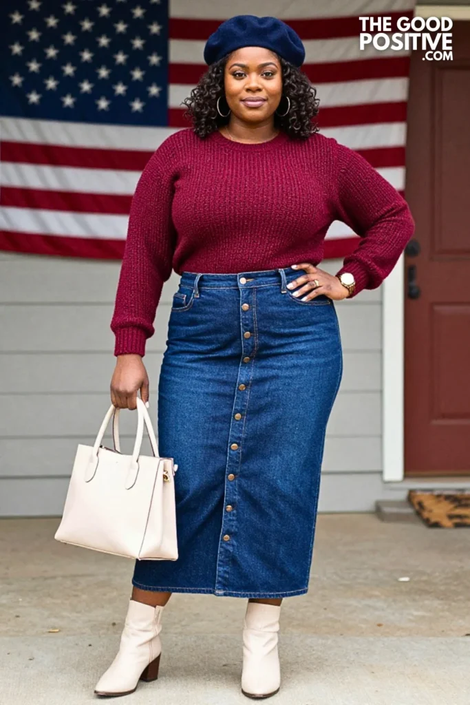 Red Knit Sweater With Americana Denim Maxi