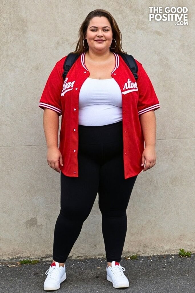 Red Oversized Baseball Jersey With Black Leggings And White Sneakers
