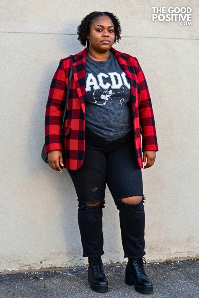 Red Plaid Blazer, Band Tee, and Distressed Black Jeans