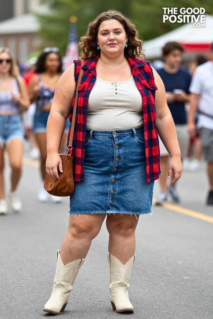 Red Plaid Shacket With Denim Midi Skirt