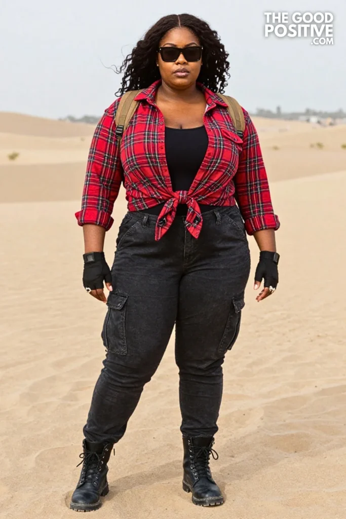 Red Plaid Shirt, Charcoal Cargo Jeans, and Lace-Up Boots