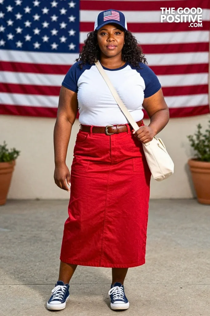 Retro Baseball Tee With Red Denim Skirt