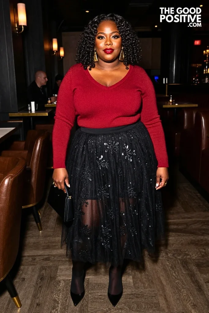 Ruby Sweater With Black Embroidered Tulle Skirt