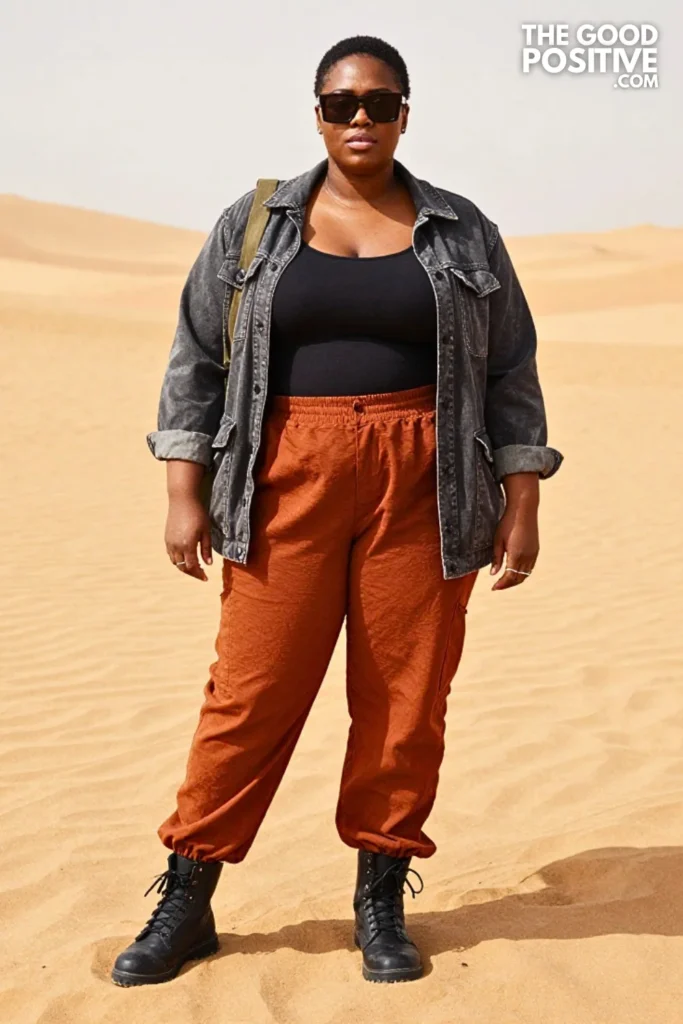 Rust Boiler-Style Trousers, Cropped Tank, and Military Boots