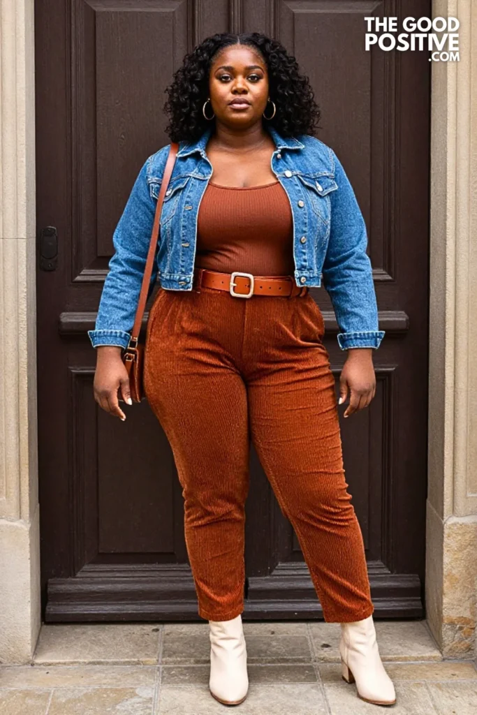 Rust Corduroy Jumpsuit With Cream Ankle Boots